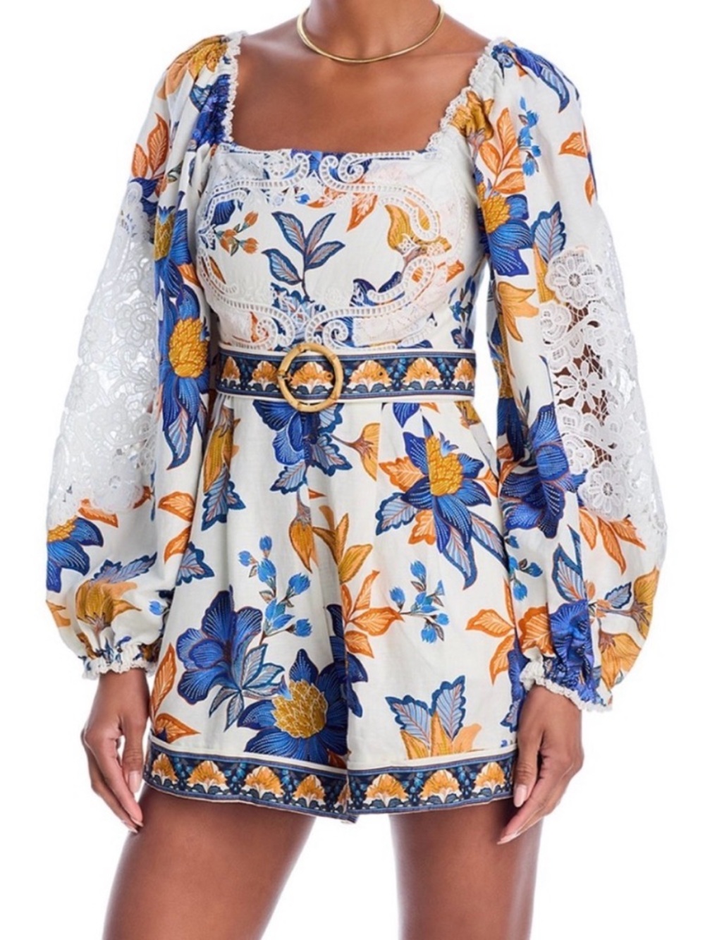 FARM Rio White Romper with Blue and Mustard Floral Print